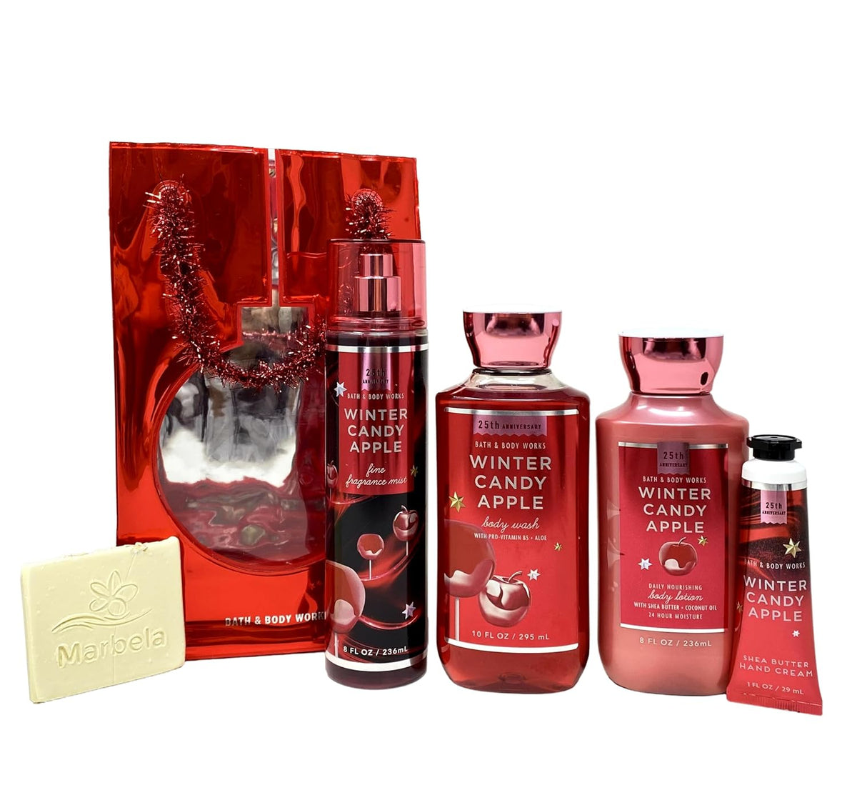 Winter Candy Apple Deluxe Gift Bag Set - Fragrance Mist - Body Wash - Body Lotion and Hand Cream - with a Natural Oats Sample Soap
